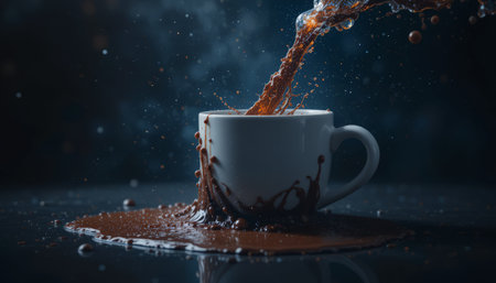 Coffee splashing out of a cup on a dark backgroundの素材