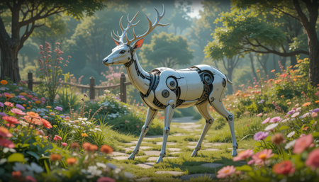 Deer statue in the garden with beautiful flower background, Thailand.の素材