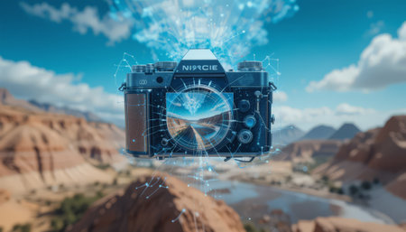 Digital composite of Composite image of digital camera against lake and mountains in backgroundの素材