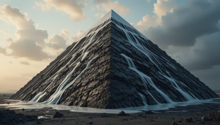 3d rendering of pyramids in the desert at sunset time.の素材
