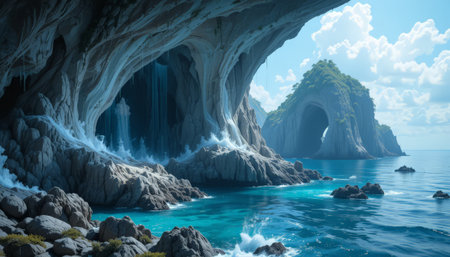 Beautiful seascape with blue sea and blue sky. 3d renderingの素材