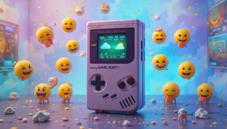 Retro video game console with emojis in the background.の素材