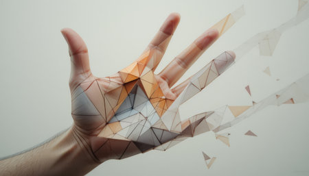Close up of human hand gesturing with abstract polygonal backgroundの素材