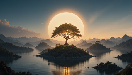 lonely tree on the lake at sunset, 3d renderの素材
