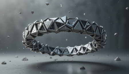 Futuristic silver ring on black background. 3D rendering.の素材