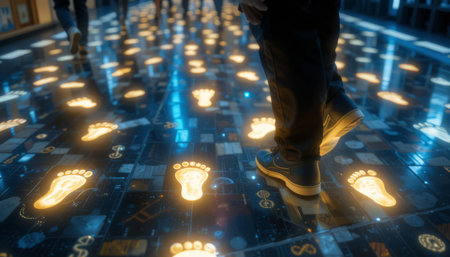 Man walking on illuminated digital floor with light bulbs. 3D Renderingの素材