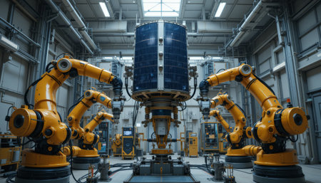 Smart industry robot arms for digital factory production technology showing automation manufacturing process of the Industry 4.0 or 4th industrial revolution and IOT softwareの素材