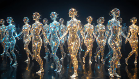 3D Illustration of a Human Body Model with Light Lines Backgroundの素材