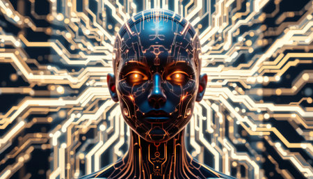 Cyborg head on circuit board background 3D rendering of artificial intelligence conceptの素材