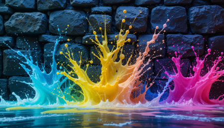 Colorful paint splashing on black stone wall. Abstract background.の素材