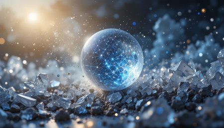 Glowing blue crystal sphere with lines and dots on dark background 3D renderingの素材