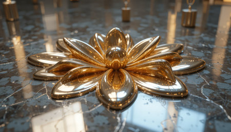 3d illustration of golden flower on the marble floor for background.の素材