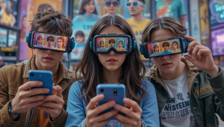 Group of young people playing video games on mobile phones in Amsterdam, Netherlandsの素材