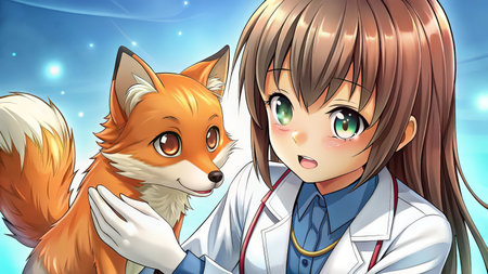 Illustration of a cute girl and a fox on a blue backgroundの素材
