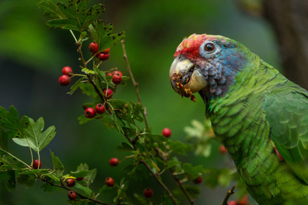 Red-crested Amazon Parrot eating berries in the rainforestの写真素材