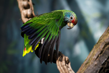 Beautiful colorful parrot sitting on a branch in the zoo.