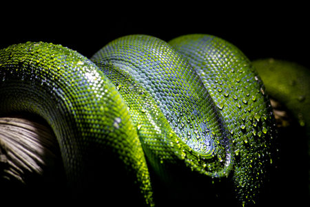 Green snake with water drops on black background, close-up.の写真素材