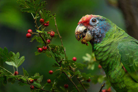 Beautiful green parrot eating red berries in the rainforest.
