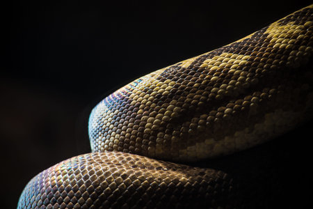 Close up of a python snake on a dark background. Selective focus.