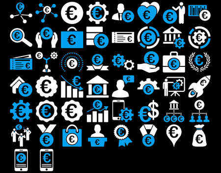 Euro Business Iconst. These flat bicolor icons use blue and white colors. Vector images are isolated on a black background.のイラスト素材