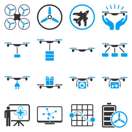 Drone shipment icon set designed with blue and gray colors. These flat bicolor pictograms are isolated on a white background.のイラスト素材