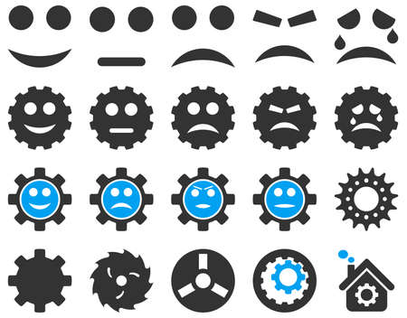 Tools and Smile Gears Icons. Vector set style is bicolor flat images, blue and gray colors, isolated on a white background.のイラスト素材