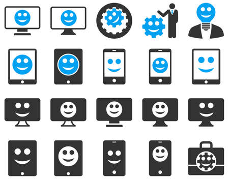 Tools, options, smiles, displays, devices icons. Vector set style is bicolor flat images, blue and gray symbols, isolated on a white background.のイラスト素材