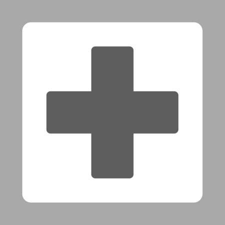 Plus icon from Primitive Buttons OverColor Set. This rounded square flat button is drawn with dark gray and white colors on a silver background.の写真素材
