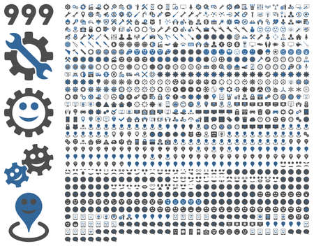 999 tools, gears, smiles, map markers, mobile icons. Vector set style is bicolor flat images, cobalt and gray symbols, isolated on a white background.のイラスト素材