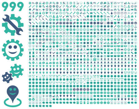 999 tools, gears, smiles, map markers, mobile icons. Vector set style is bicolor flat images, cobalt and cyan symbols, isolated on a white background.のイラスト素材