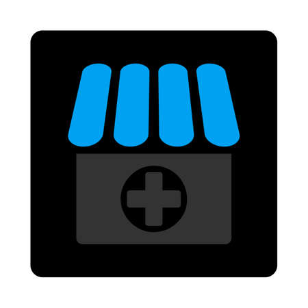 Drugstore icon. Vector style is bicolor flat symbol, gray and light blue colors, black rounded square button, white background.のイラスト素材