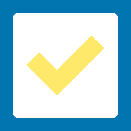 Accept icon. This flat rounded square button uses yellow and white colors and isolated on a blue background.の写真素材