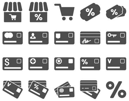 Shopping and bank card icon set. These flat icons use gray color. Images are isolated on a white background. Angles are rounded.のイラスト素材