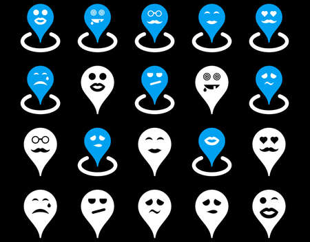 Smiled location icons. Glyph set style is bicolor flat images, blue and white symbols, isolated on a black background.の写真素材