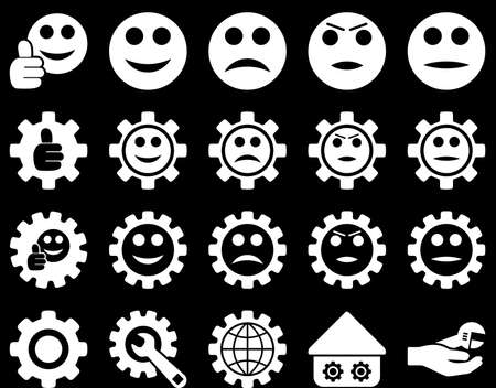 Settings and Smile Gears Icons. Vector set style is flat images, white color, isolated on a black background.のイラスト素材