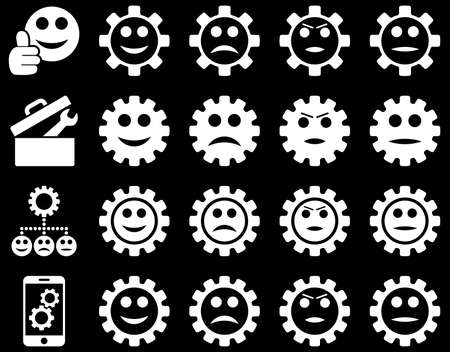 Tools and Smile Gears Icons. Vector set style is flat images, white color, isolated on a black background.のイラスト素材