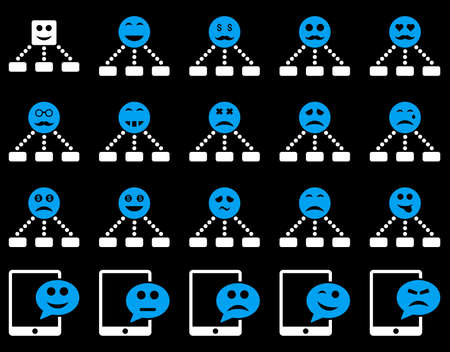 Emotion hierarchy and SMS icons. Vector set style is bicolor flat images, blue and white symbols, isolated on a black background.のイラスト素材