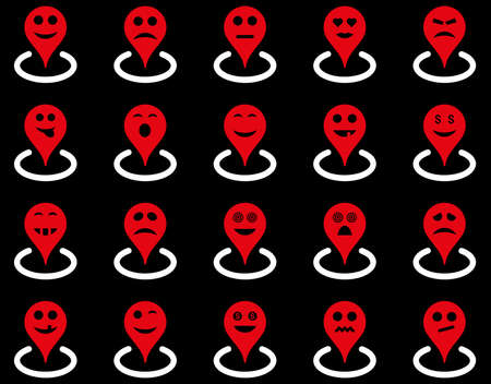 Smiled location icons. Vector set style is bicolor flat images, red and white symbols, isolated on a black background.のイラスト素材