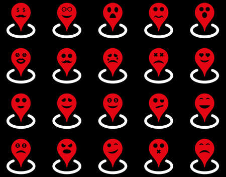 Smiled location icons. Vector set style is bicolor flat images, red and white symbols, isolated on a black background.のイラスト素材