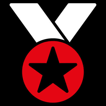 Medal icon from Competition & Success Bicolor Icon Set. Vector style is flat bicolor symbols, red and white colors, rounded angles, black background.のイラスト素材