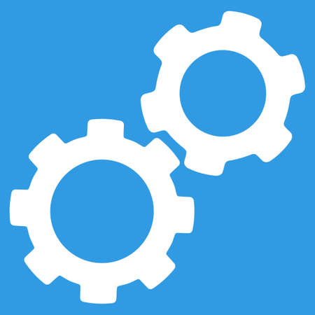 Gears icon. Vector style is flat symbol, white color, rounded angles, blue background.のイラスト素材