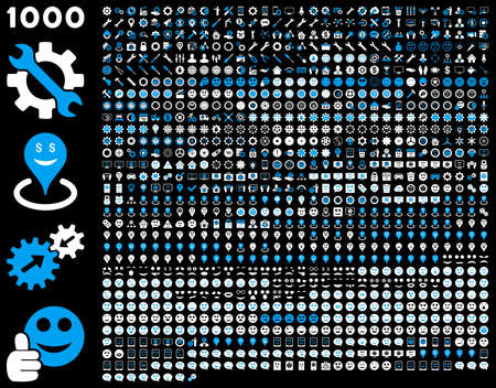 1000 tools, gears, smiles, map markers, mobile icons. Glyph set style is bicolor flat images, blue and white symbols, isolated on a black background.の写真素材