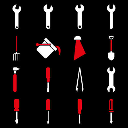 Instruments and tools icon set. Glyph style is flat bicolor symbols, red and white colors, rounded angles, black background.の写真素材