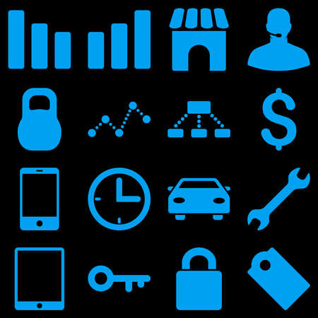 Basic business raster icons. These plain symbols use blue color and isolated on a black background.の写真素材