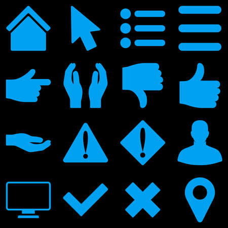 Basic gesture and sign raster icons. These plain symbols use blue color and isolated on a black background.の写真素材
