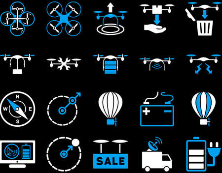 Air drone and quadcopter tool icons. Icon set style is flat vector bicolor images, blue and white symbols, isolated on a black background.のイラスト素材