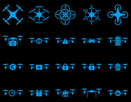 Air drone and quadcopter tool icons. Icon set style is flat glyph images, blue symbols, isolated on a black background.の写真素材