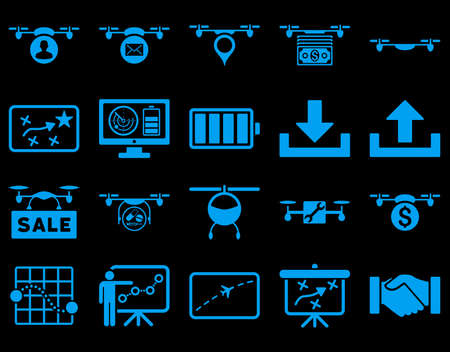 Air drone and quadcopter tool icons. Icon set style is flat glyph images, blue symbols, isolated on a black background.の写真素材