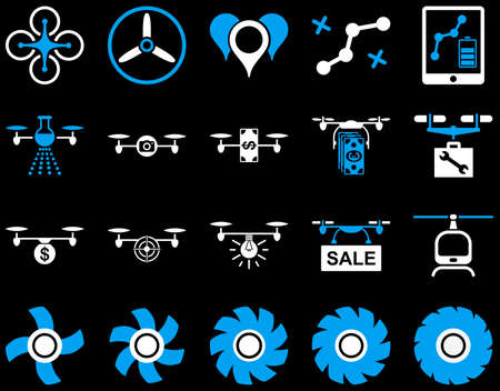 Air drone and quadcopter tool icons. Icon set style is flat glyph bicolor images, blue and white symbols, isolated on a black background.の写真素材