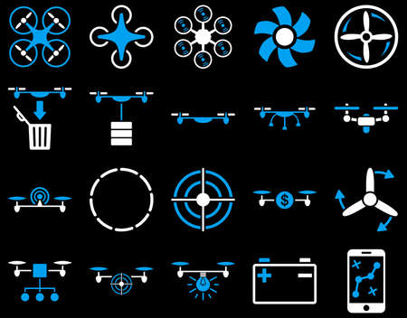 Air drone and quadcopter tool icons. Icon set style is flat glyph bicolor images, blue and white symbols, isolated on a black background.の写真素材